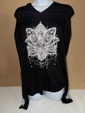 Black V-Neck Long Sleeve Top with White Boho Lotus Print